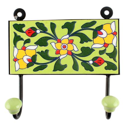 Pea Green With Forest Green Leaf Ceramic Tile Hook